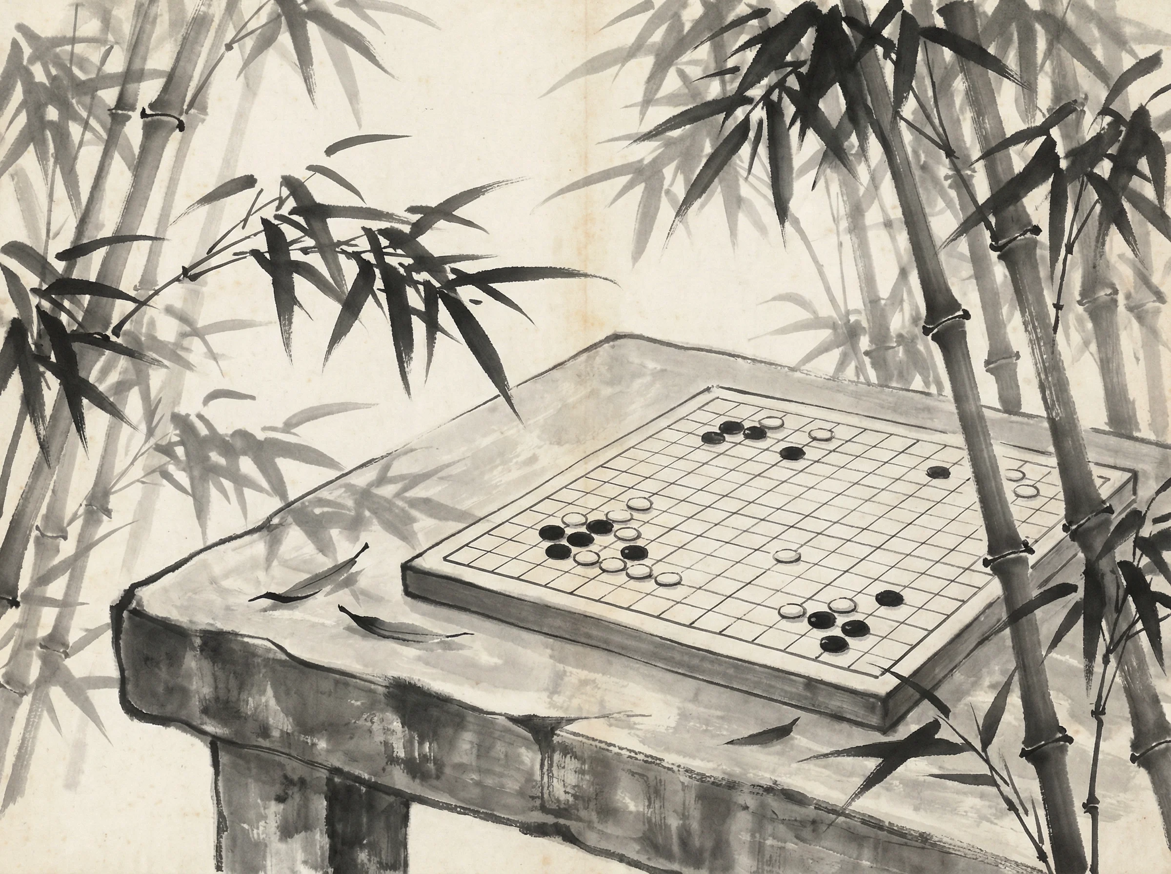 竹林中棋盘上的 博雅棋牌 经典布局