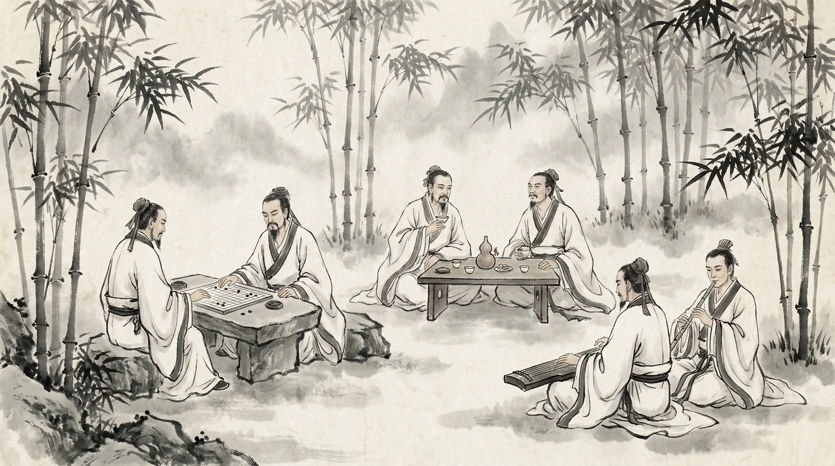 竹林七贤水墨画，与 博雅棋牌 隐逸文化